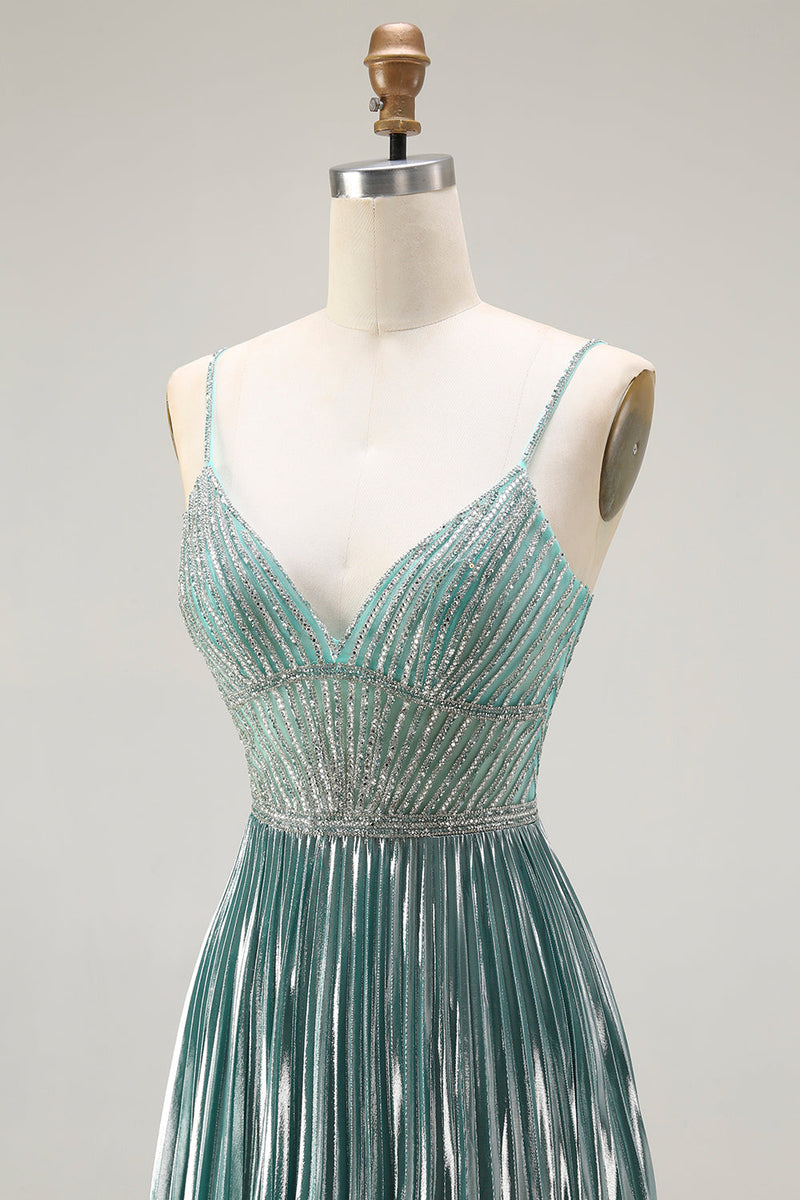 Load image into Gallery viewer, Sparkly Grey Green Corset A Line Metallic Long Prom Dress with Slit