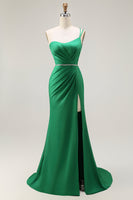 Load image into Gallery viewer, Sparkly Dark Green One Shoulder Mermaid Long Prom Dress with Slit