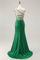 Load image into Gallery viewer, Sparkly Dark Green One Shoulder Mermaid Long Prom Dress with Slit