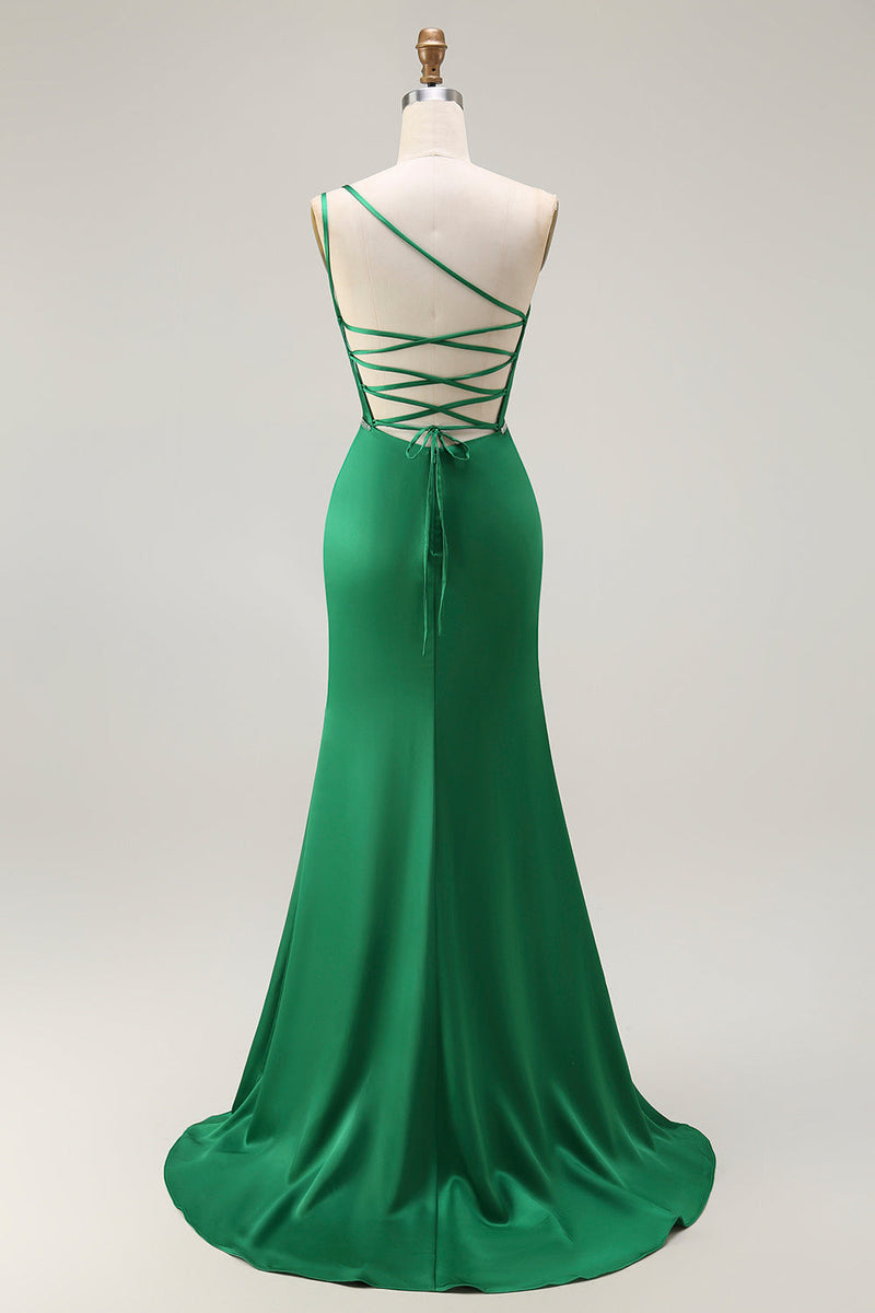 Load image into Gallery viewer, Sparkly Dark Green One Shoulder Mermaid Long Prom Dress with Slit