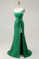 Load image into Gallery viewer, Sparkly Dark Green One Shoulder Mermaid Long Prom Dress with Slit