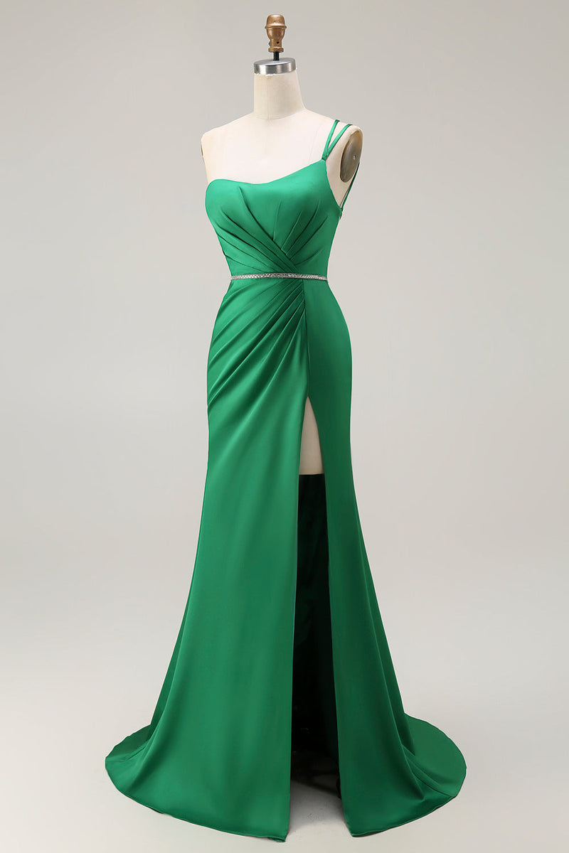 Load image into Gallery viewer, Sparkly Dark Green One Shoulder Mermaid Long Prom Dress with Slit