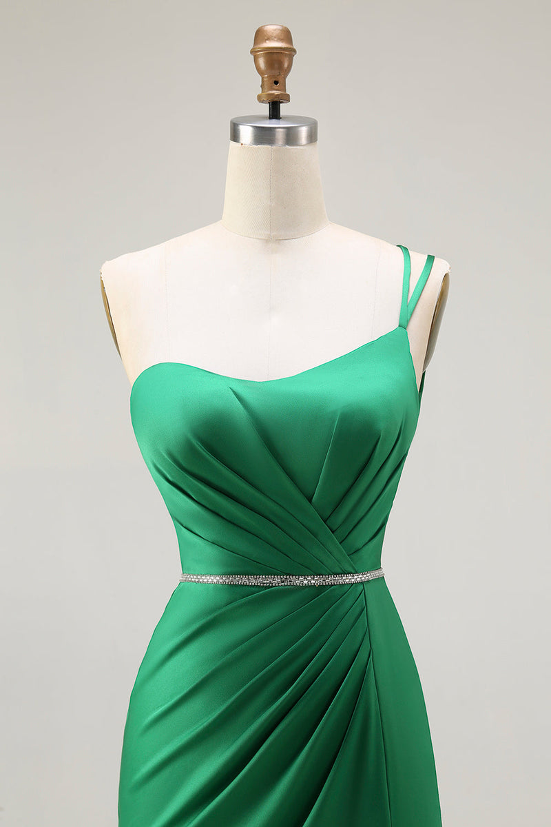 Load image into Gallery viewer, Sparkly Dark Green One Shoulder Mermaid Long Prom Dress with Slit