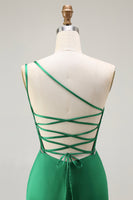 Load image into Gallery viewer, Sparkly Dark Green One Shoulder Mermaid Long Prom Dress with Slit