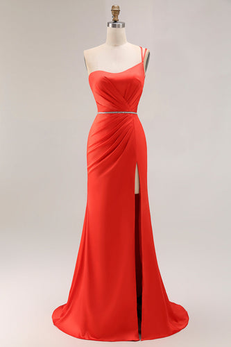 Orange Mermaid One Shoulder Ruched Long Prom Dress with Slit
