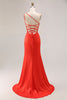 Load image into Gallery viewer, Orange Mermaid One Shoulder Ruched Long Prom Dress with Slit