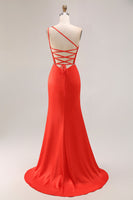 Load image into Gallery viewer, Orange Mermaid One Shoulder Ruched Long Prom Dress with Slit