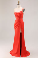 Load image into Gallery viewer, Orange Mermaid One Shoulder Ruched Long Prom Dress with Slit