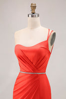 Load image into Gallery viewer, Orange Mermaid One Shoulder Ruched Long Prom Dress with Slit