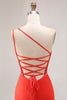 Load image into Gallery viewer, Orange Mermaid One Shoulder Ruched Long Prom Dress with Slit
