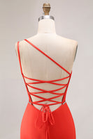 Load image into Gallery viewer, Orange Mermaid One Shoulder Ruched Long Prom Dress with Slit
