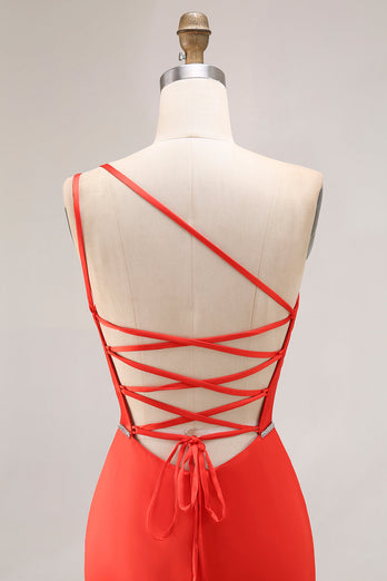 Orange Mermaid One Shoulder Ruched Long Prom Dress with Slit