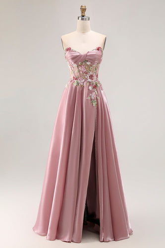 Sparkly Floral Grey Pink A Line Long Corset Prom Dress with Slit