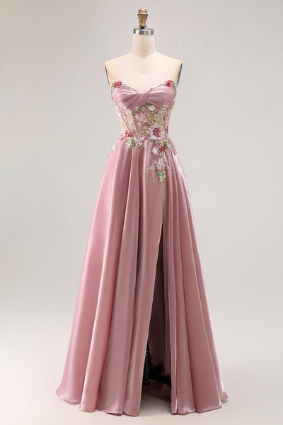 Sparkly Floral Grey Pink A Line Long Corset Prom Dress with Slit