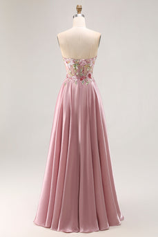 Sparkly Floral Grey Pink A Line Long Corset Prom Dress with Slit