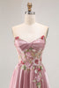 Load image into Gallery viewer, Sparkly Floral Grey Pink A Line Long Corset Prom Dress with Slit