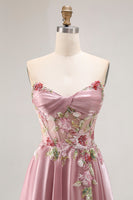 Load image into Gallery viewer, Sparkly Floral Grey Pink A Line Long Corset Prom Dress with Slit