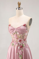 Load image into Gallery viewer, Sparkly Floral Grey Pink A Line Long Corset Prom Dress with Slit
