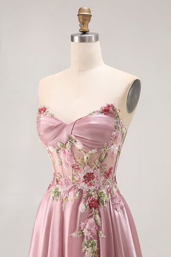 Sparkly Floral Grey Pink A Line Long Corset Prom Dress with Slit