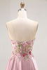 Load image into Gallery viewer, Sparkly Floral Grey Pink A Line Long Corset Prom Dress with Slit