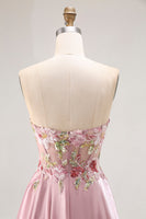 Load image into Gallery viewer, Sparkly Floral Grey Pink A Line Long Corset Prom Dress with Slit