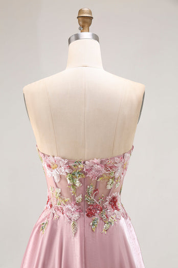 Sparkly Floral Grey Pink A Line Long Corset Prom Dress with Slit