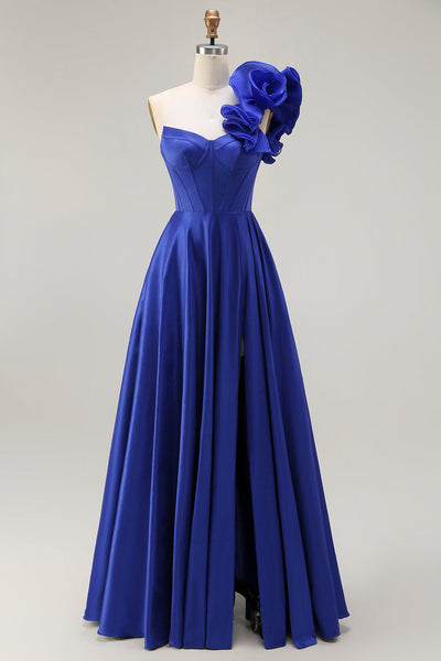 Royal Blue Corset One Shoulder Long Prom Dress with Slit