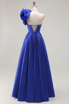 Royal Blue Corset One Shoulder Long Prom Dress with Slit