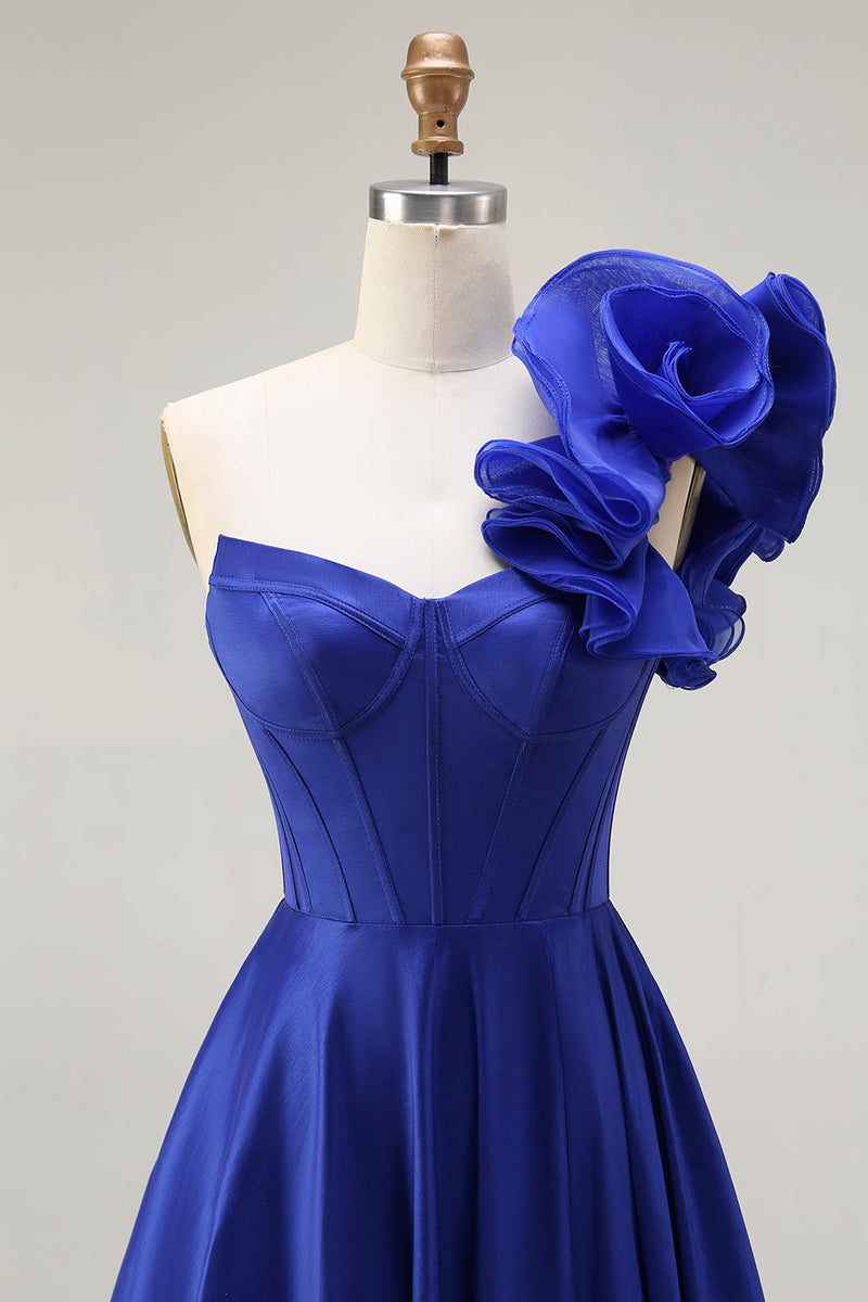Load image into Gallery viewer, Royal Blue Corset One Shoulder Long Prom Dress with Slit