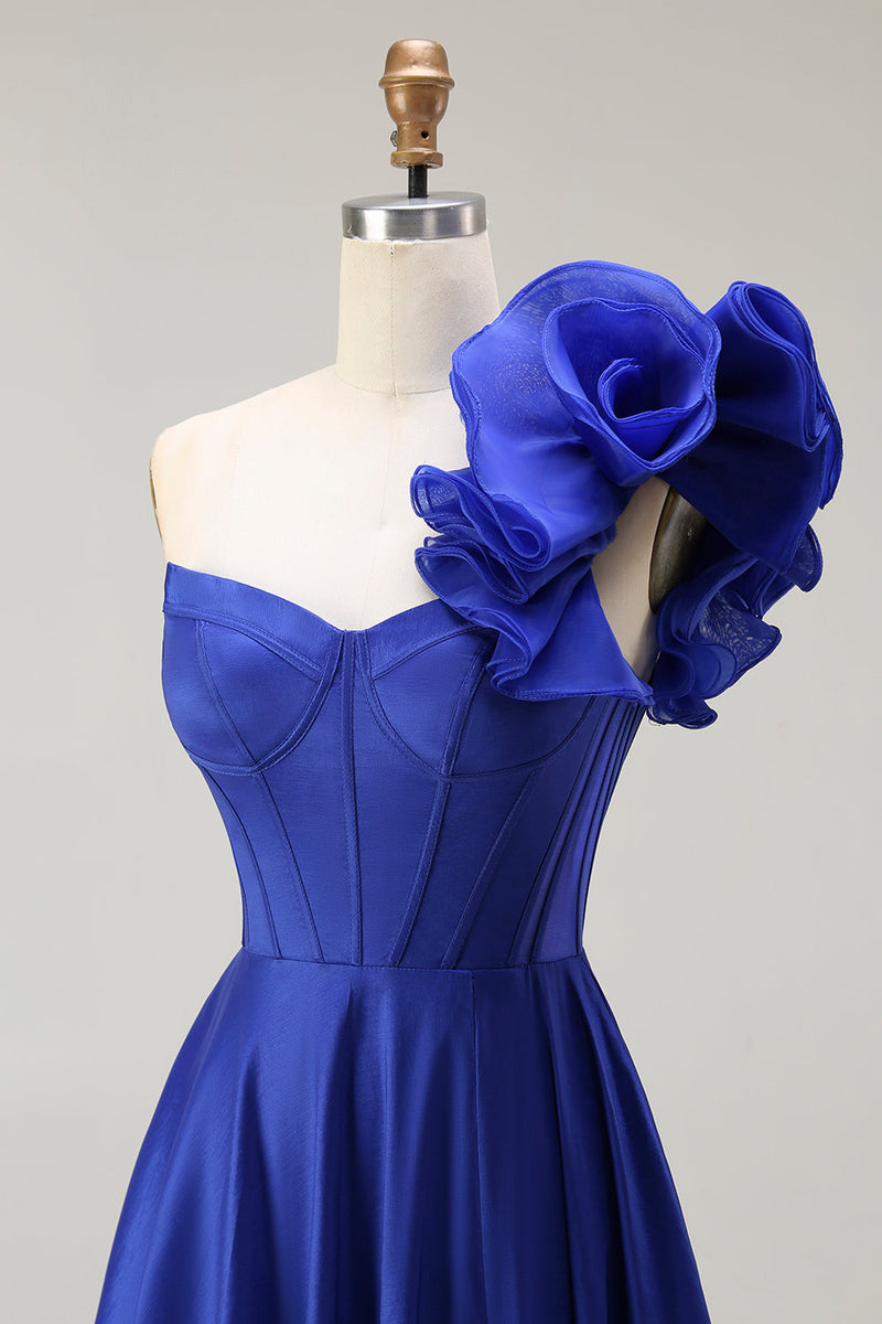 Load image into Gallery viewer, Royal Blue Corset One Shoulder Long Prom Dress with Slit