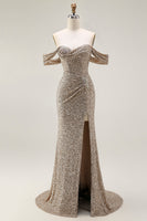 Load image into Gallery viewer, Sparkly Champagne Mermaid Off the Shoulder Long Prom Dress with Slit