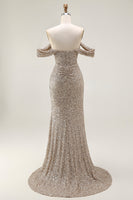 Load image into Gallery viewer, Sparkly Champagne Mermaid Off the Shoulder Long Prom Dress with Slit