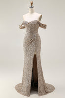 Load image into Gallery viewer, Sparkly Champagne Mermaid Off the Shoulder Long Prom Dress with Slit