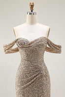 Load image into Gallery viewer, Sparkly Champagne Mermaid Off the Shoulder Long Prom Dress with Slit