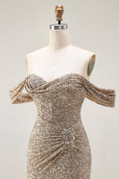 Load image into Gallery viewer, Sparkly Champagne Mermaid Off the Shoulder Long Prom Dress with Slit
