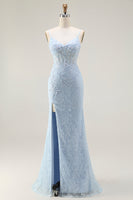 Load image into Gallery viewer, Sparkly Blue Lace Corset Mermaid Long Prom Dress with Slit