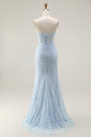 Load image into Gallery viewer, Sparkly Blue Lace Corset Mermaid Long Prom Dress with Slit