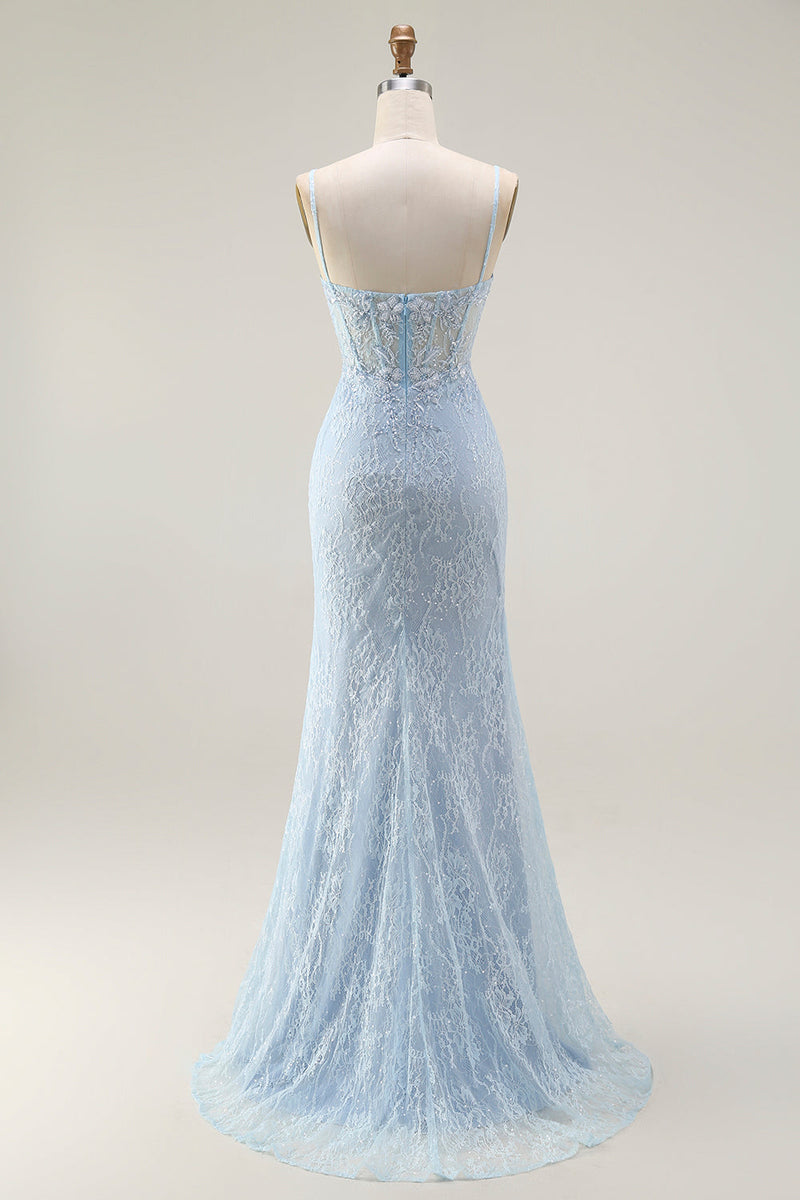 Load image into Gallery viewer, Sparkly Blue Lace Corset Mermaid Long Prom Dress with Slit