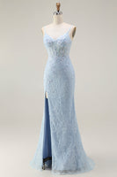 Load image into Gallery viewer, Sparkly Blue Lace Corset Mermaid Long Prom Dress with Slit