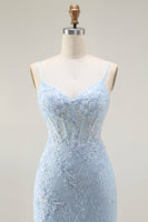 Load image into Gallery viewer, Sparkly Blue Lace Corset Mermaid Long Prom Dress with Slit