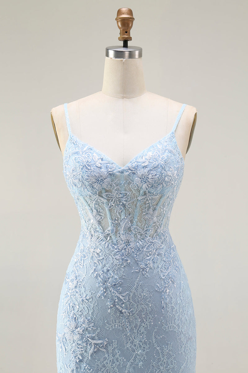 Load image into Gallery viewer, Sparkly Blue Lace Corset Mermaid Long Prom Dress with Slit