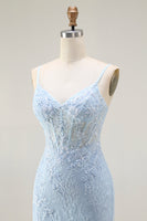 Load image into Gallery viewer, Sparkly Blue Lace Corset Mermaid Long Prom Dress with Slit
