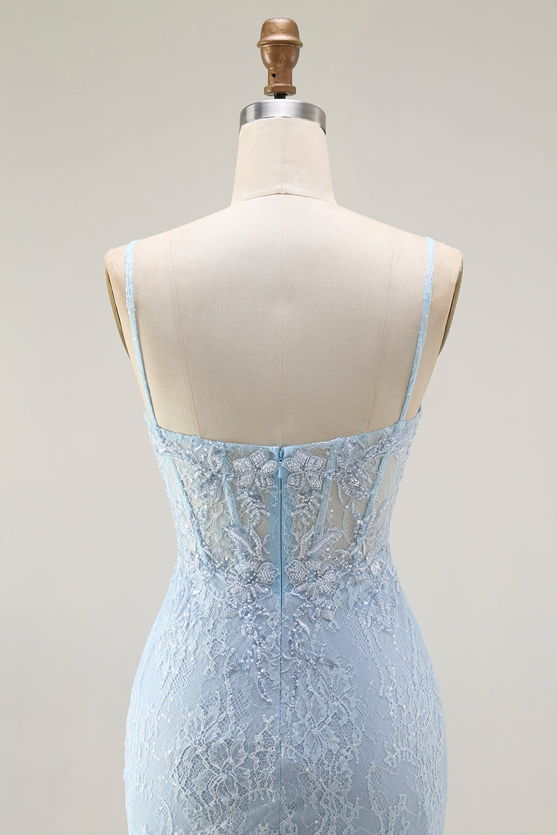 Load image into Gallery viewer, Sparkly Blue Lace Corset Mermaid Long Prom Dress with Slit