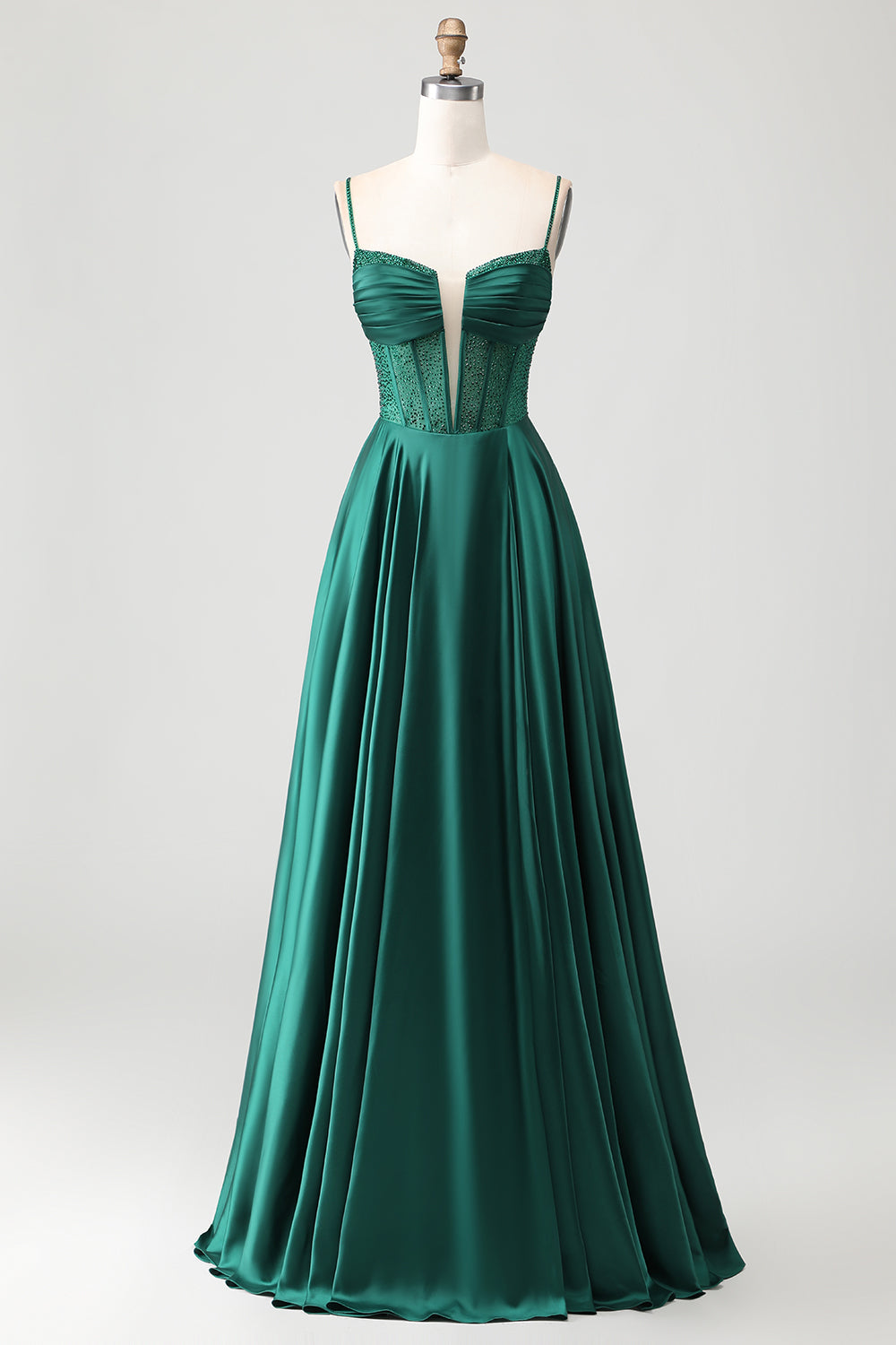 Sparkly Dark Green Corset Long Prom Dress with Rhinestones