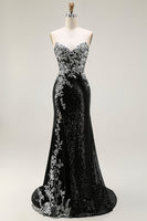 Load image into Gallery viewer, Sparkly Black Silver Strapless Sequin Mermaid Long Prom Dress