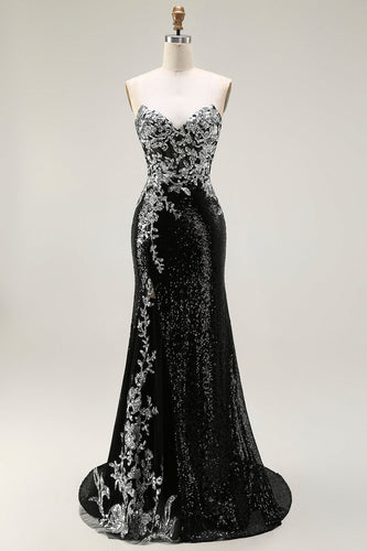 Sparkly Black Silver Strapless Sequin Mermaid Long Prom Dress
