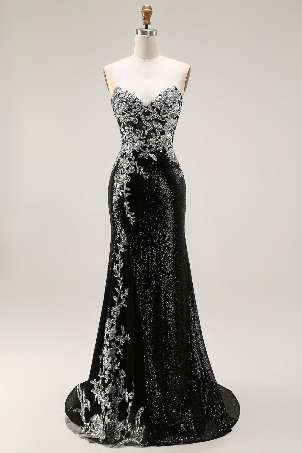 Sparkly Black Silver Strapless Sequin Mermaid Long Prom Dress