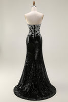 Load image into Gallery viewer, Sparkly Black Silver Strapless Sequin Mermaid Long Prom Dress