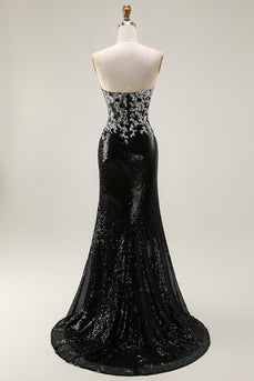 Sparkly Black Silver Strapless Sequin Mermaid Long Prom Dress