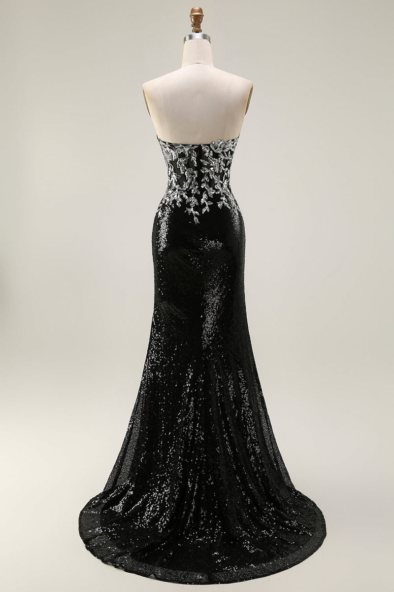 Load image into Gallery viewer, Sparkly Black Silver Strapless Sequin Mermaid Long Prom Dress